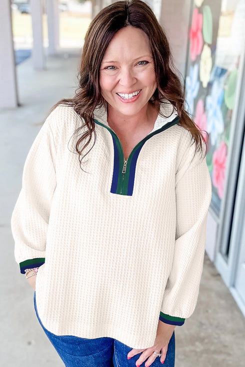 Contrast Trim Quarter Zip Waffle Knit Polo Top